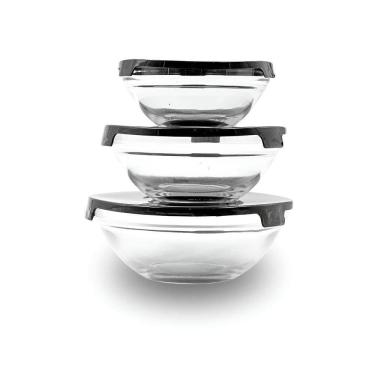 Imagem de Kit 3 Potes Tigelas Vidro Redondo Com Tampa Preta - Organização E Elegância Na Sua Cozinha