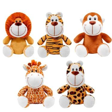 Imagem de Kit Turminha Safari com 5 Pelúcias Onça Tigre Leão Girafa Macaco Buba,