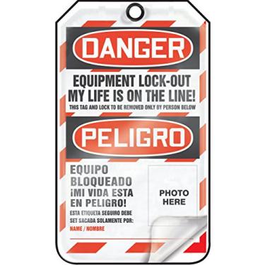 Imagem de Accuform TSP107LCM PF-Cardstock Bilingue Lockout Tag, Legend"Danger Equipment Lock-Out My Life is", 14,5 cm de comprimento x 8,25 cm de largura x 0,01 cm de espessura, vermelho/preto sobre branco