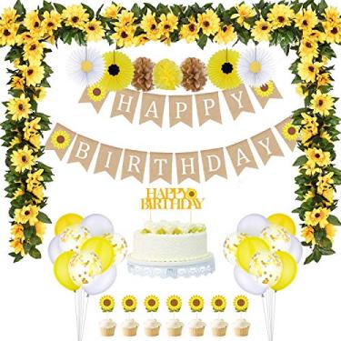 Imagem de 33 peças de suprimentos de festa de girassol, faixa de feliz aniversário de girassol, topo de bolo grande, topo de cupcake de girassol amarelo, guirlanda de girassol, ventiladores de papel de tecido, pompons de papel, balões coloridos para festa