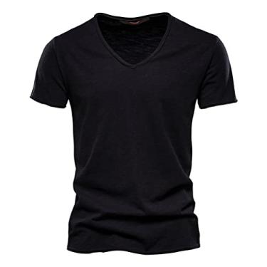 Imagem de JMKEY Camiseta masculina de manga curta top cor sólida algodão bambu com decote em V respirável top esportivo