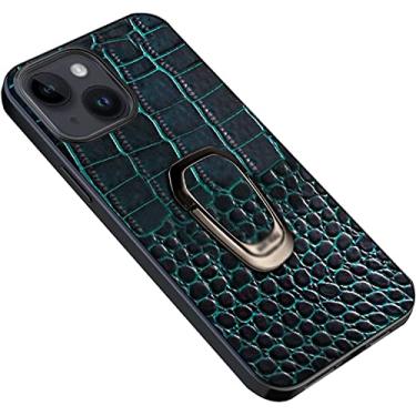 Imagem de RAYESS Capa para iPhone 14 com suporte de anel, textura clássica de crocodilo couro genuíno TPU silicone capa protetora fina híbrida para iPhone 14 (cor: azul)
