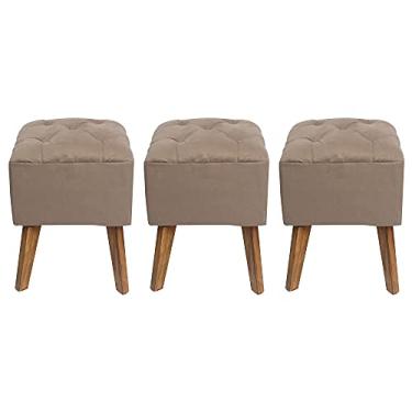 Imagem de Combo Kit com 3 Puff Carré capitonê veludo bege banqueta madeira envelhecida quadrado decorativo assento acolchoado confortável veludo penteadeira colorido sala quarto interior