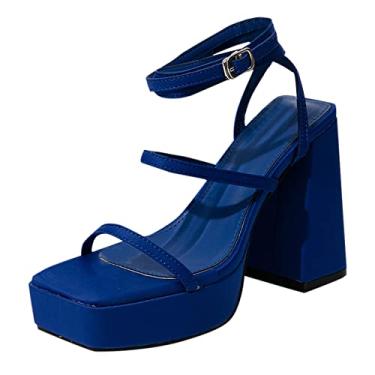 Imagem de CsgrFagr Sandálias femininas de salto alto com tiras no tornozelo grosso com cadarço sandálias sandálias femininas plataformas altas, Azul, 7.5