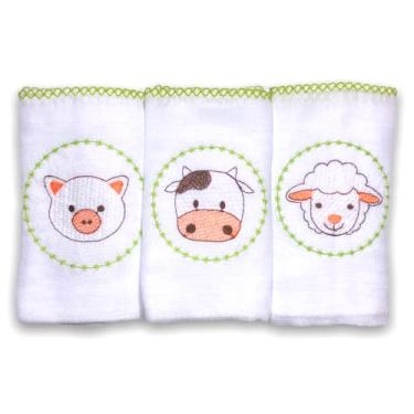 Imagem de Kit 3 Fraldas De Pano para Bebê Bordada Fazendinha Verde (Vaquinha, Ovelha e Porquinho)