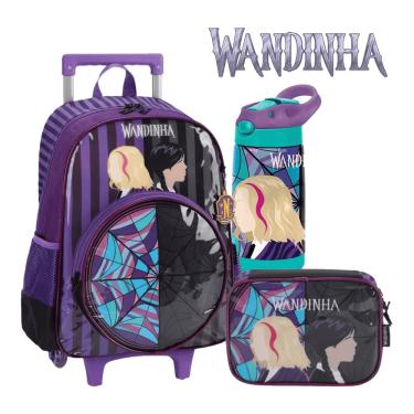 Imagem de Kit Escolar Wandinha Mochila Garrafa e Estojo Roxo Luxcel