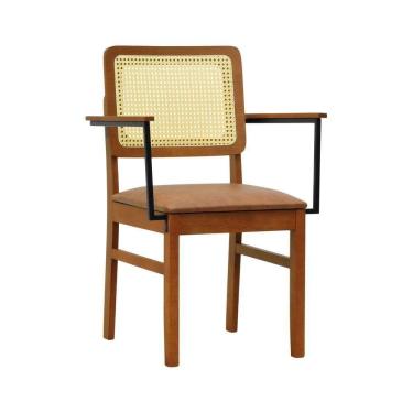 Imagem de Cadeira Lyon Madeira Maciça Encosto Telinha Natural C- Braço Metal - Amêndoa Assento Estofado Corano Marrom Mescla