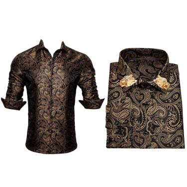 Imagem de Camisas masculinas de seda Gold Paisley manga longa casual floral camisas sociais designer gola leopardo broche, Broche de colarinho Cy-0007, P