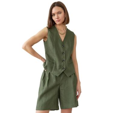 Imagem de Ufehaho Conjunto de 2 peças blazer feminino de algodão com botões e gola V sem mangas, colete combinando com shorts, Verde, P