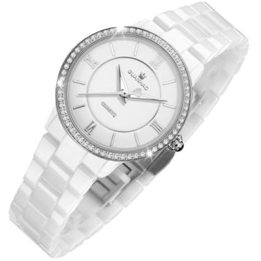 Imagem de GUANHAO Relógio feminino fashion simples com mostrador de diamante, quartzo, à prova d'água, relógio de pulso feminino com pulseira de cerâmica branca, Branco e prateado, Clássico