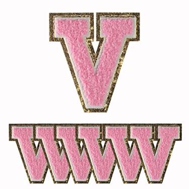 Imagem de 6 peças de adesivos de ferro em letras, remendos dourados com glitter e chenil rosa, adesivos decorativos bordados personalizados costurados para roupas de reparo, chapéus, camisas, sapatos, jeans