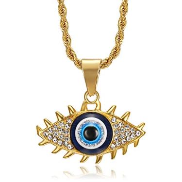 Imagem de NEGS Colar de aço inoxidável com pingente de olho de Hórus Egito para homens e mulheres, corrente de 61 cm azul olho turco joia egípcia presente, Aço inoxidável, Zircônia cúbica
