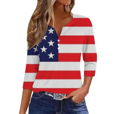 Imagem de Camiseta feminina verão dia da independência bandeira dos EUA vermelho branco azul listrado blusas 4th of July Henley Shirt, Azul escuro, P