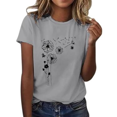 Imagem de Camiseta feminina com estampa de flor de dente-de-leão manga curta gola redonda moderna top leve feminino ombro vazado, Cinza, G