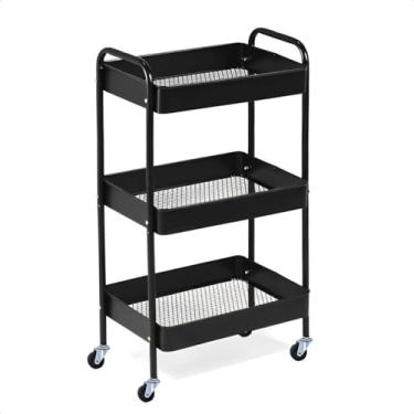 Imagem de Carrinho Organizador De Banheiro Lavanderia Estante Fruteira Cozinha Armazenamento Multiuso Prateleiras Escritório Manicure Maquiagem Rodinha Giratória 03 Prateleiras Aço (Preto)