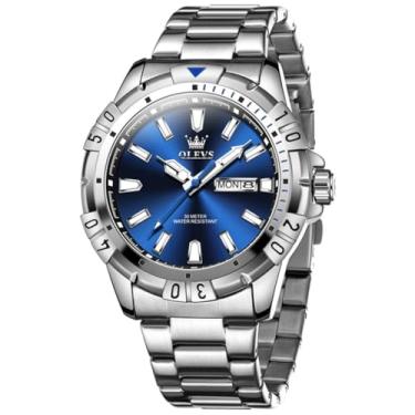 Imagem de OLEVS Relógio masculino casual de aço inoxidável, mostrador grande, analógico, fácil de ler, relógio de pulso masculino moderno, dourado, prata, dois tons, data, dia, luminoso, à prova d'água, à prova