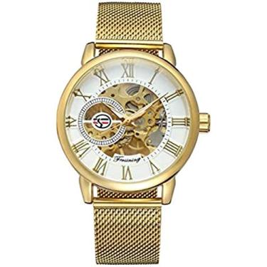 Imagem de Relógio mecânico automático da moda masculino, corrente de rede, mostrador transparente à prova d'água, pulseira de metal de aço inoxidável, casual mineral, vidro temperado, espelho, embalag