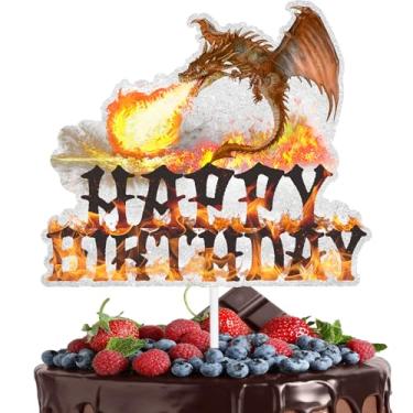 Imagem de Dragon Knight Theme Happy Birthday Cake Topper Glitter - Dragon Theme Party, Fantasy Party, Kids Boys and Girls Birthday Party, Medieval Castle Party, or Baby Shower Decoration - LIANGSS