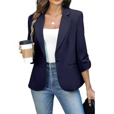 Imagem de ELLEVEN Blazers femininos franzidos de manga 3/4, caimento justo e leve com ombro acolchoado para negócios casuais, Azul marinho, PP