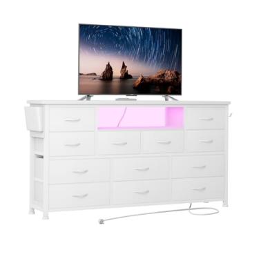 Imagem de LIVEHOM Suporte de TV com tomada elétrica e LED para TV de 139 cm, cômoda longa para quarto com 12 gavetas, ampla mesa de console para armazenamento no armário, sala de estar, entrada, topo de madeira