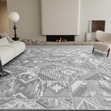 Imagem de Tapetes 3D Boho 20 x 25 para sala de estar, para quarto, sala de jantar, escritório, grande, tapete de tecido de pilha alta e baixa com durável, geométrico, neutro, cinza claro