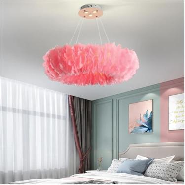 Imagem de Lustre moderno, luminária pendente de LED, pena branca com penas para pendurar na cozinha do quarto, amarelo, 60 cm