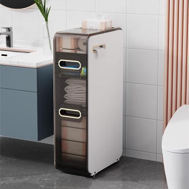 Imagem de Armário de piso de banheiro de 4 camadas com torre de gavetas de armazenamento, armário de armazenamento de papel higiênico fino de grande capacidade com rodas Torre de cômoda estreita para