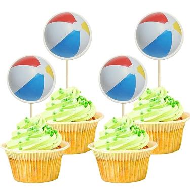 Imagem de Gyufise Pacote com 36 topos de cupcake de voleibol de praia estrela bola esportiva palitos de cupcake chá de bebê praia vôlei jogadores esportes tema festa de aniversário decoração de bolo suprimentos