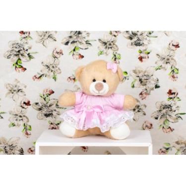 Imagem de PELUCIA URSO TEDDE 12 CM VESTIDO COM LESE (ROSA COM BRANCO MIUDO)