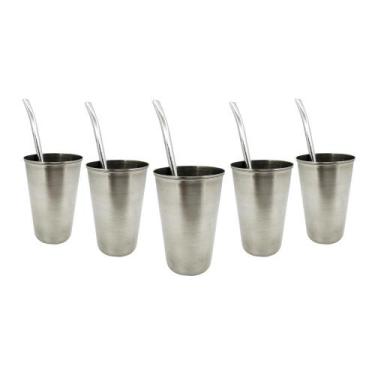 Imagem de Kit Tereré 5 Copos De Inox 200ml 5 Bombas Lisa - Shopfc