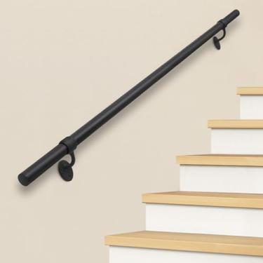 Imagem de SDNBHT Corrimão de escada de metal interno para escadas internas, corrimão de escada de tubo de 3,8 cm, corrimão de alumínio para uso interno/externo para degraus, corrimão industrial preto para