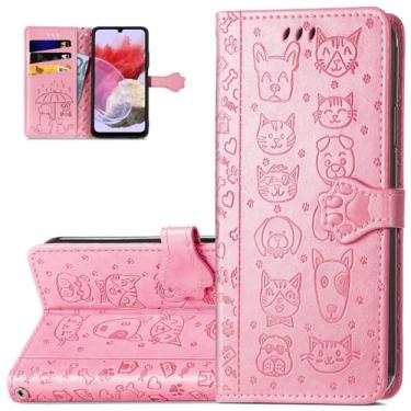 Imagem de Monwutong Capa carteira de telefone para Samsung Galaxy M34, capa de couro PU com desenho fofo de gato e cachorro, fecho magnético e slots de cartão de dinheiro para Galaxy M34, CD rosa