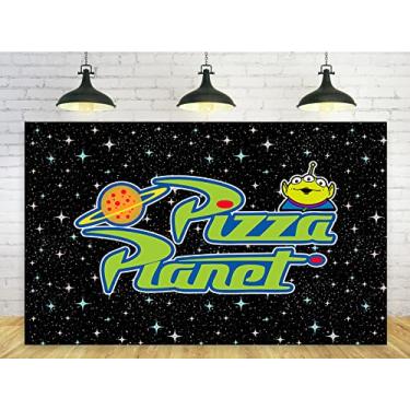 Imagem de Pano de fundo Pizza Planet para decorações de festa de aniversário, fundo para chá de bebê, festa, bolo, decoração de mesa, suprimentos, tema de histórias de brinquedo, faixa 1,5 x 0,9 m