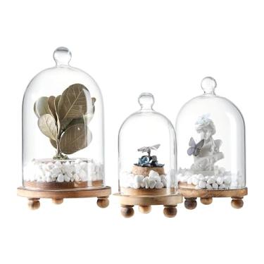 Imagem de KMwares 3Pcs Cúpula de Vidro Em Forma de Sino | Exibição de Cloche Várias Decorações E Acessórios com Base de Madeira (Pequeno)