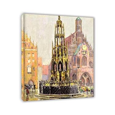 Imagem de Grant Wood Prints-Famous Paintings-Framed Ready to hang wall art - Reprodução em tela - "Market Place, Nuremberg" - Impressão em tela arte de parede Imagens para decoração de sala de estar 60 x 70 cm