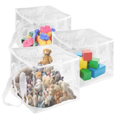 Imagem de 3 unidades 35 x 35 cm sacos de armazenamento brinquedos transparentes, extra grandes sacos de armazenamento com alça e fecho de correr organizador de brinquedos plástico para blocos de quebra-cabeças