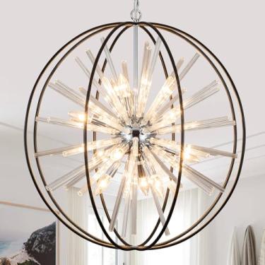 Imagem de Zezzio Lustre Moderno De Cristal Globo Com 12 Lâmpadas, Teto Alto De 27" Sputnik, Lustre Preto Para Hall De Entrada, Luminária Pendente Para Entrada, Escada, Corredor, Entrada, Sala De Jantar, Ilha