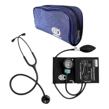 Imagem de Kit Estetoscópio + Esfigmomanômetro Aneroide Bic Preto Aferir Pressão 