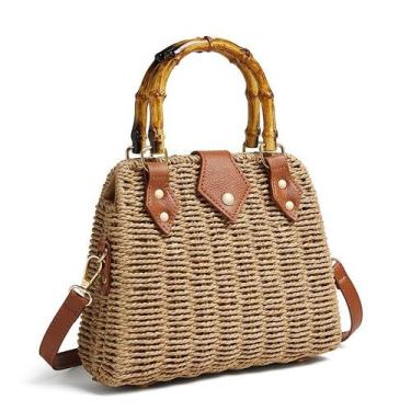 Imagem de Bolsa de praia Kurava Woven Straw com alça de bambu marrom