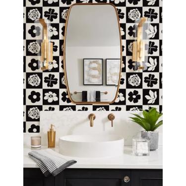 Imagem de Ismoon Papel de parede de contato preto e branco para descascar e colar moderno no tabuleiro de damas papel de parede floral xadrez rolo de vinil autoadesivo removível para quarto, 44 x 299 cm