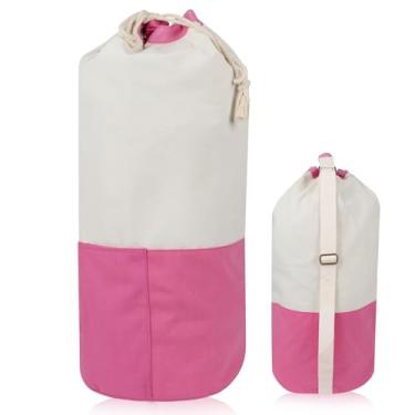 Imagem de Bolsa de lavanderia estilo mochila de ombro único com alça de ombro e bolsos, feita de material de lona durável, com design de fecho de cordão, adequada para faculdade, viagens, lavanderias e