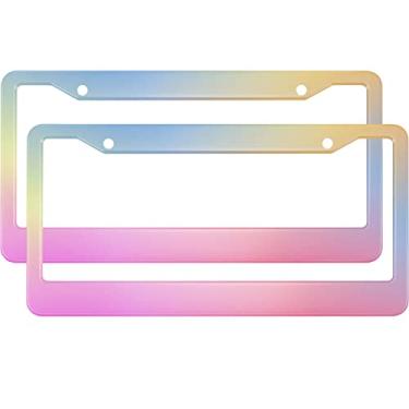 Imagem de HOSNYE Moldura de placa de licença espelhada polonesa em metal gradiente rosa amarelo azul 2 peças 2 furos pretos licenças molduras placas de licença dianteiras capas de placa de carro moldura para homens e mulheres