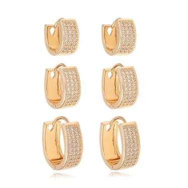 Imagem de Kit Trio de Brincos Argolas 1 2 3 Furos com Zirconias Folheado Ouro 18 3 Pares
