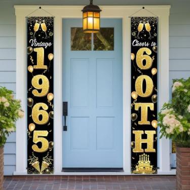 Imagem de 2 peças, decoração de aniversário de 60 anos, faixa dourada preta, sinal de porta vintage Cheers to 60 Years para varanda, artigos de festa de aniversário masculino/feminino para uso interno e externo