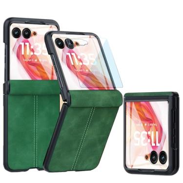 Imagem de Capa de couro para Motorola Razr 50 Ultra com proteção de dobradiça e protetor de tela externo integrado, capa de couro PU fosco à prova de choque antiarranhões para Motorola Razr+ 2024 (verde)