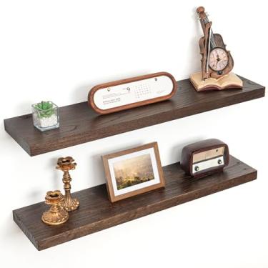 Imagem de Prateleiras flutuantes para decoração de parede, prateleiras flutuantes de madeira de olmo sólida rústica de 20 cm de profundidade, prateleiras de parede com suporte invisível para sala de estar