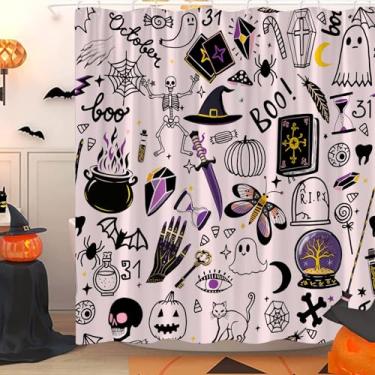 Imagem de UPUMKSK Cortina de chuveiro de Halloween preta alquimia boho quiromancia bruxa mágica vintage bruxaria assustadora esqueleto gótico caveira morcegos fantasmas fofos, abóbora assustadora, gato