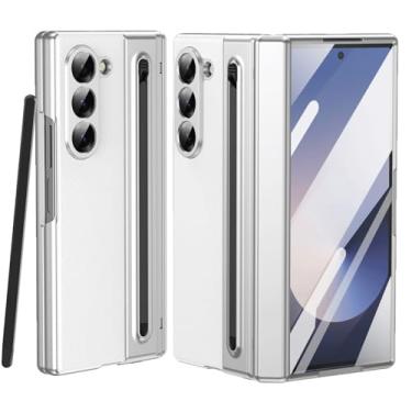 Imagem de Capa para celular Samsung Galaxy Z Fold 6 com protetor de tela integrado, capa flip de couro com caneta S e proteção de dobradiça, capa protetora à prova de choque para Samsung Z Fold 6 5G (branca)