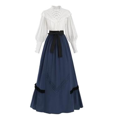 Imagem de Nuoqi Vestido Eduardiano Feminino, Traje Vitoriano Renascentista, Blusa E Saia, Azul Meia-Noite, Tamanho Gg