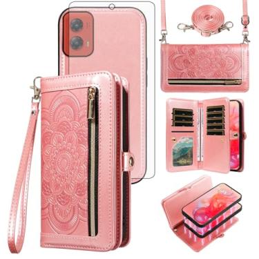 Imagem de Asuwish Capa de celular para Motorola Moto G Stylus 5G 2024 com zíper carteira magnética destacável com protetor de tela de vidro temperado alça transversal mandala flor porta-cartão G5 feminino ouro